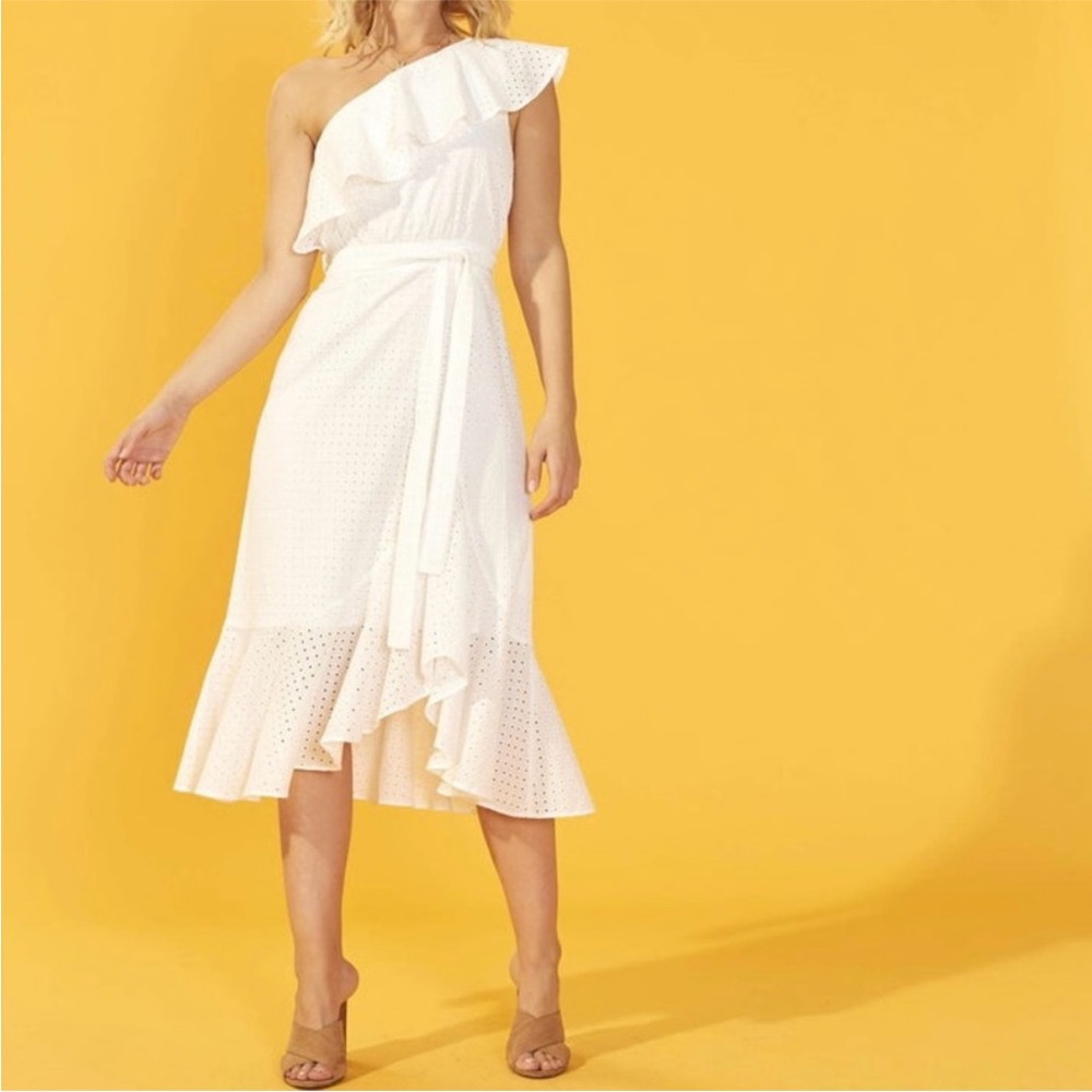 MINKPINK White Eyelet Dress Ruffled One Shoulder Midi Dress Small REVOLVE Belted